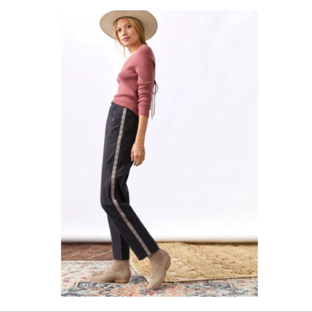Anthropologie Tapered Embroidered Side Stripe Pants Grey Black Size 2 NWT - Picture 1 of 10
